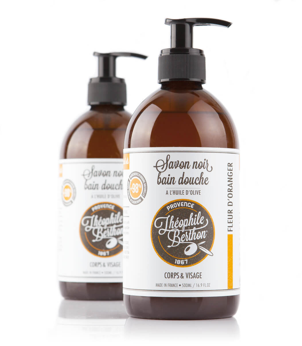 Black body wash soap. 80% olive pomace oil. Orange blossom